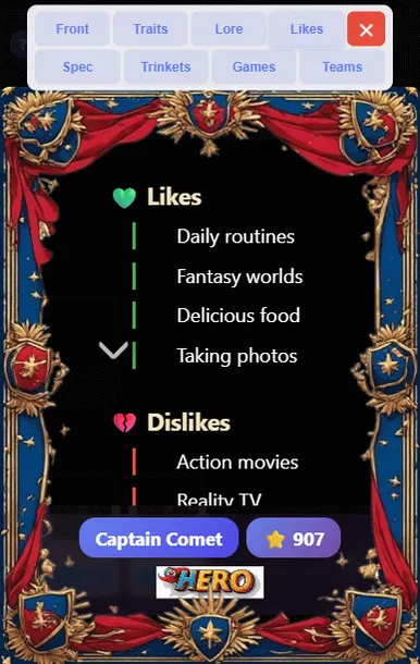The Likes and Dislikes tab: topics this Glødkin enjoys and topics it can't stand