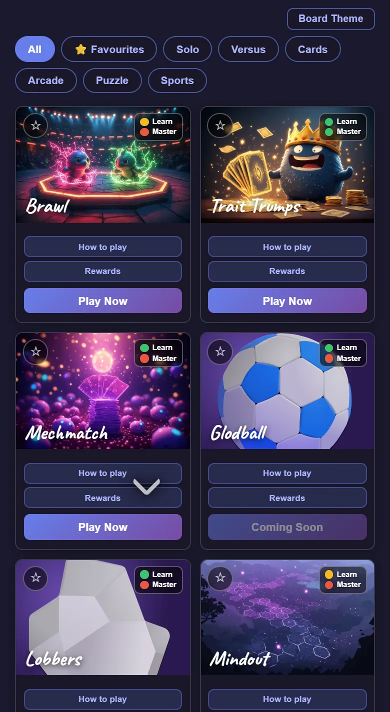 The Games page: filter chips for Solo, Versus, Cards, Arcade, Puzzle and Sports above illustrated game tiles
