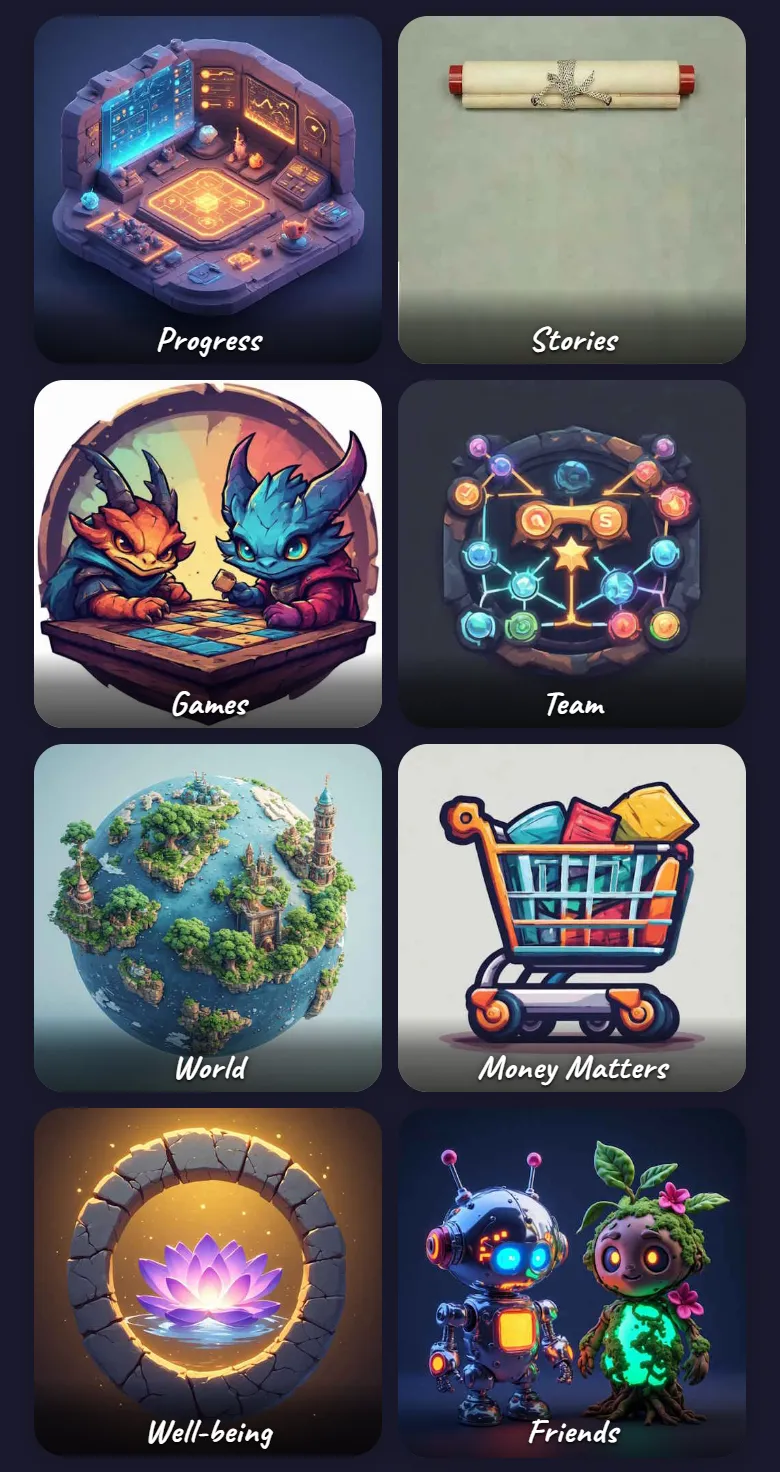The home screen: eight illustrated tiles for Progress, Stories, Games, Team, World, Money Matters, Well-being and Friends