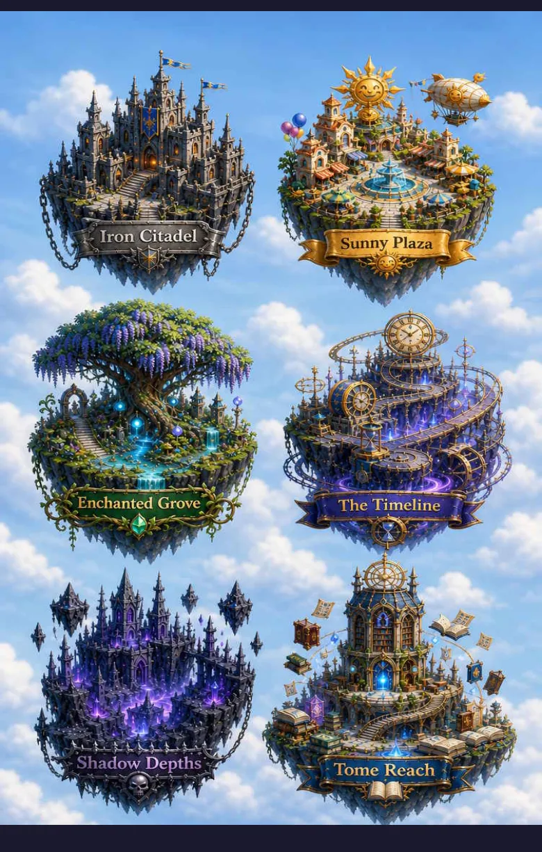 The world map: six floating islands labelled Iron Citadel, Sunny Plaza, Enchanted Grove, The Timeline, Shadow Depths and Tome Reach