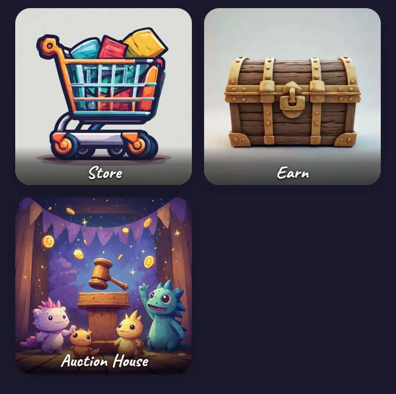 The Money Matters menu: tiles for Store, Earn and Auction House