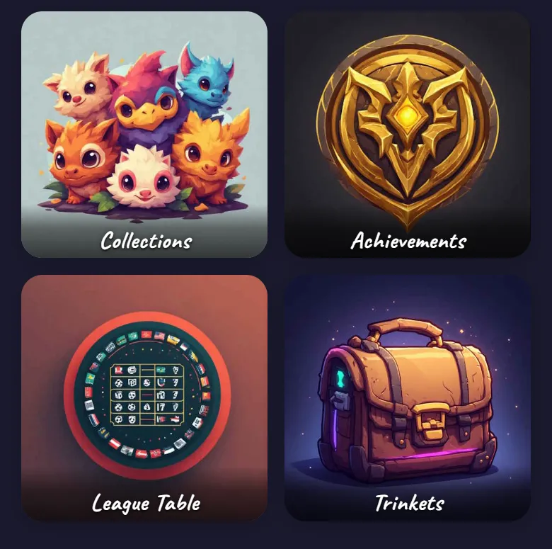 The Progress menu: tiles for Collections, Achievements, League Table and Trinkets