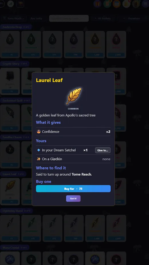 The trinket album with one trinket open: what it gives, who has it and where to find it